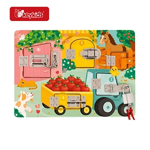 Wooden Farm Animal Theme Busy Board with Numbered Doors, Multiple Locks, Latches, Padlock with Keys, and Tractor Design W12D994